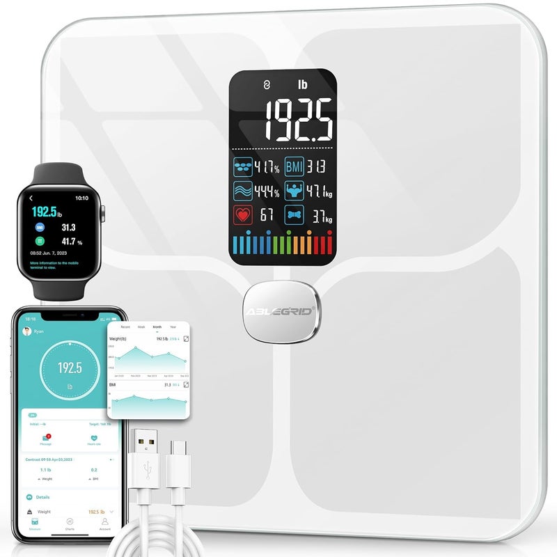 ABLEGRID Body Fat ScaleDigital Smart Bathroom Scale for Body Weight Large Color Display Screen 16 Body Composition Metrics BMI Water Weigh Heart Rate Baby Mode 400lb Rechargeable White